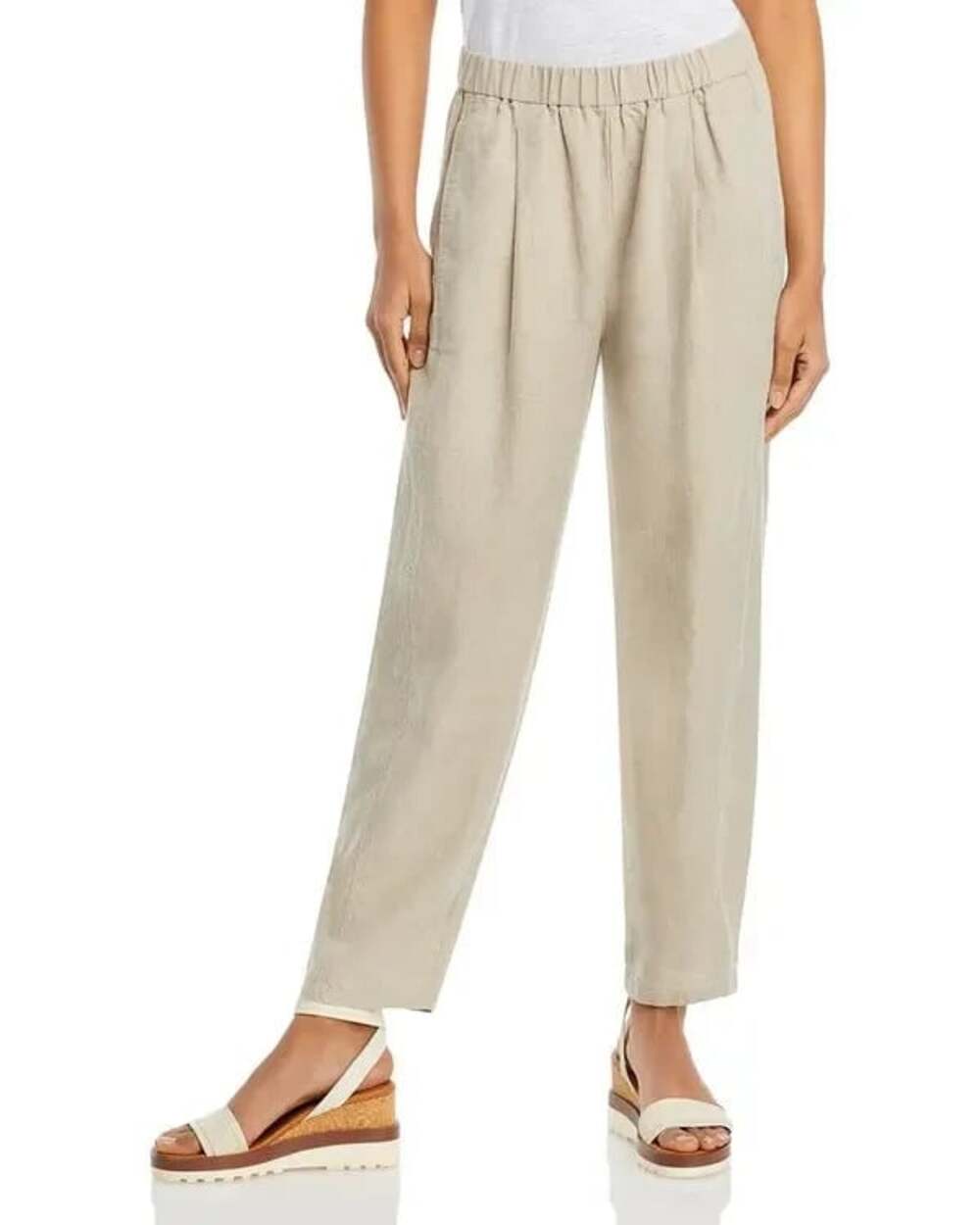Eileen Fisher Size XL Pleated Beige Organic Linen Ankle Lantern Pants - STAIN!